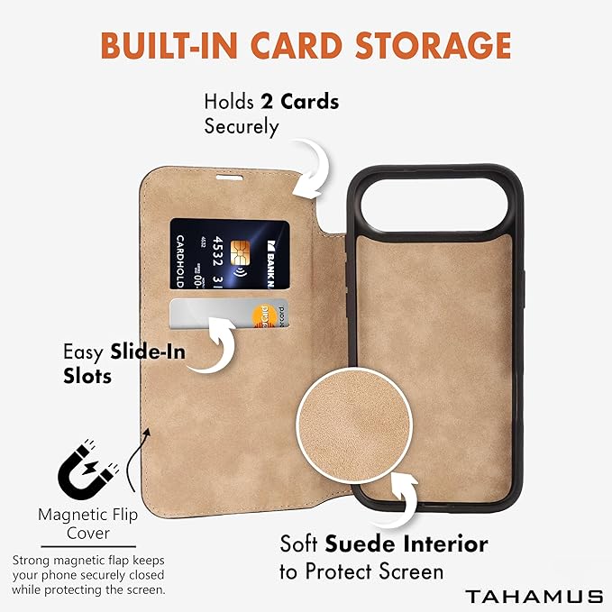 for iPhone 17 Air (6.5") Genuine Pebbled Leather Book Case with Card Holder and Stand - Magnetic Flip Cover, Black