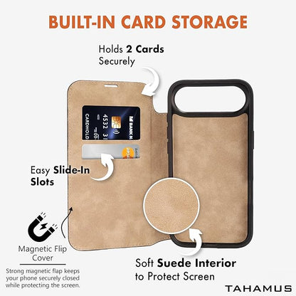 for iPhone 17 Air (6.5") Genuine Pebbled Leather Book Case with Card Holder and Stand - Magnetic Flip Cover, Black