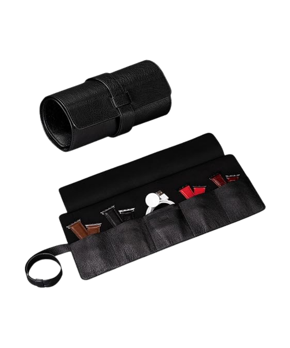 SENA Leather Watch Roll Organizer - 5 Slot Genuine Leather Travel Case for Watches, Watch Bands, Cables and Accessories - Compact, Elegant and Durable