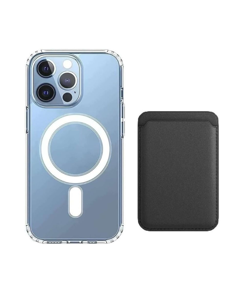 [2 in 1] Magnetic Clear Case + Magnetic Leather Wallet Card Holder Compatible with Magsafe Accessories for iPhone