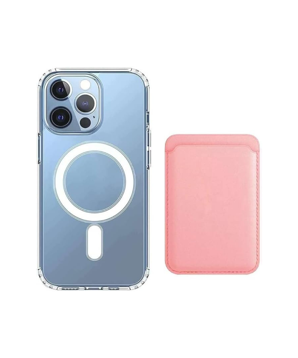 [2 in 1] Magnetic Clear Case + Magnetic Leather Wallet Card Holder Compatible with Magsafe Accessories for iPhone