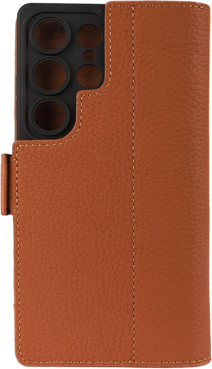 Genuine Pebbled Leather Wallet Book Case Compatible with Samsung Galaxy S25 Ultra (6.9") Black